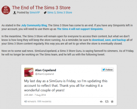 The End of The Sims 3 Store
